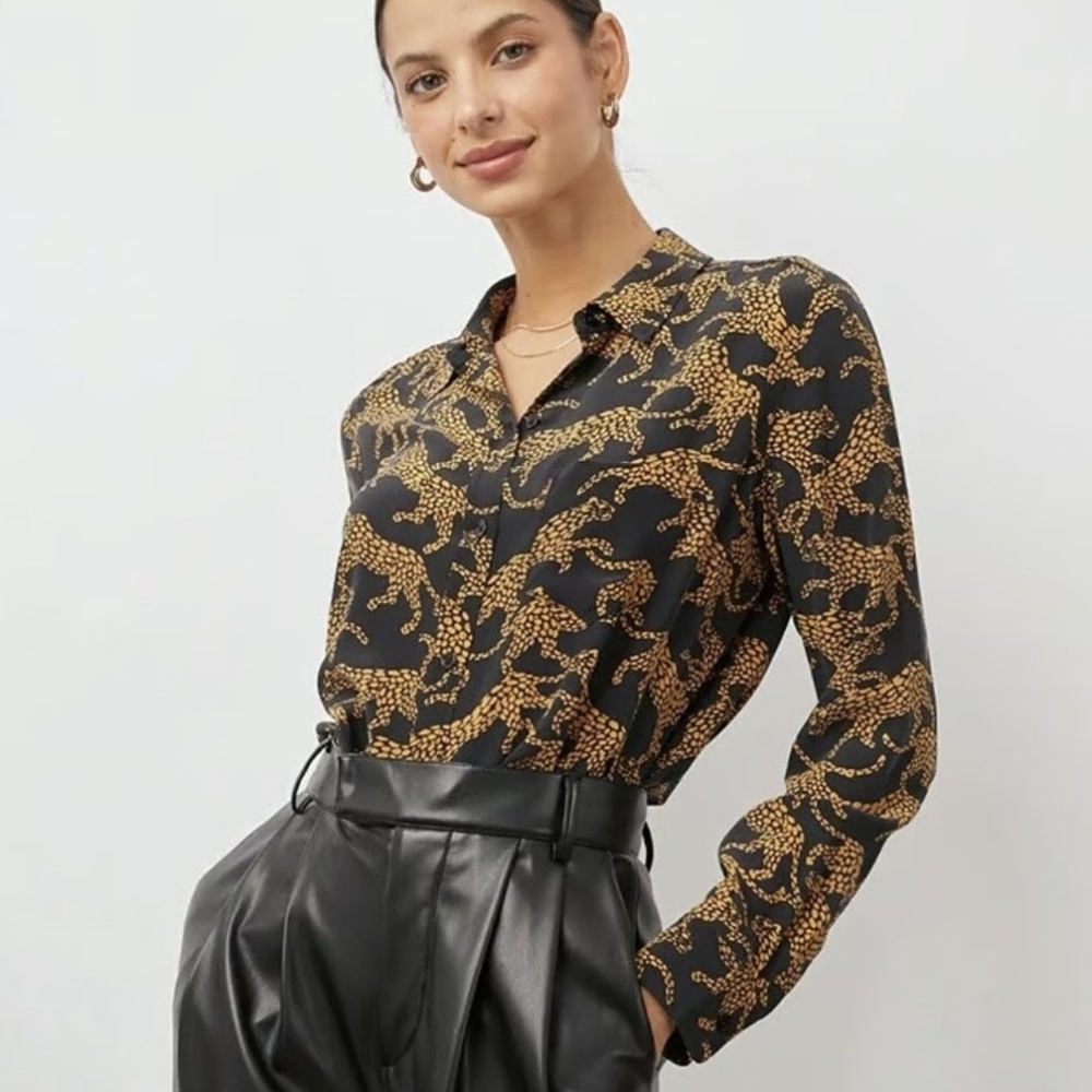 Rails Black and Gold Kate Lynx Print Silk Blouse, XS